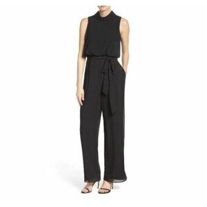 Vince Camuto Black Roll Collar Mock Neck Blouson Chiffon Jumpsuit SZ 4 New
